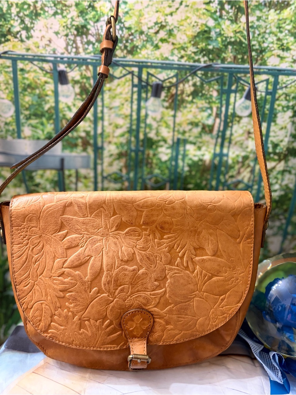 Patricia Nash Hand Tooled Floral Cowhide Leather Saddle Crossbody